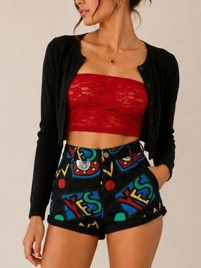 Lazy Oaf Multicolor Graphic High-Waist Shorts — Black, Red, Yellow, Blue